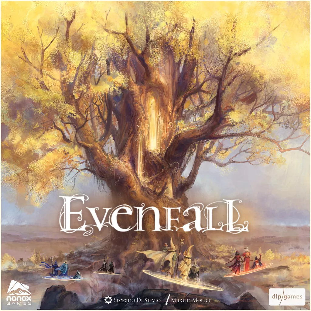 A group stands beneath a glowing tree with golden leaves under a pastel sky, capturing the fantasy world of Evenfall by DLP Games, with its ornate title displayed across the center.