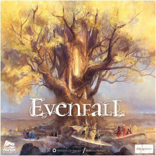 A group stands beneath a glowing tree with golden leaves under a pastel sky, capturing the fantasy world of Evenfall by DLP Games, with its ornate title displayed across the center.