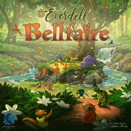 The Everdell: Bellfaire Expansion by Game Salute features animal characters in a lively forest with tents and treehouse, colorful banners, and festive details, introducing new gameplay for 5-6 players in a whimsical setting.