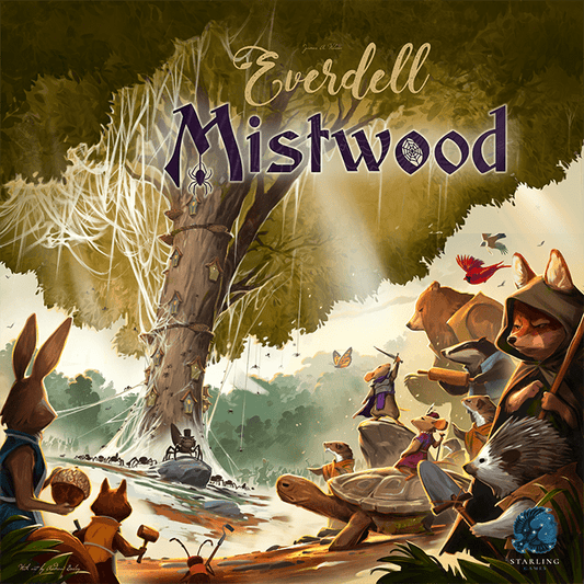 Woodland animals like foxes, rabbits, a turtle, and a mouse gather under a web covered tree in this whimsical scene inspired by Game Salute’s Everdell: Mistwood Expansion.