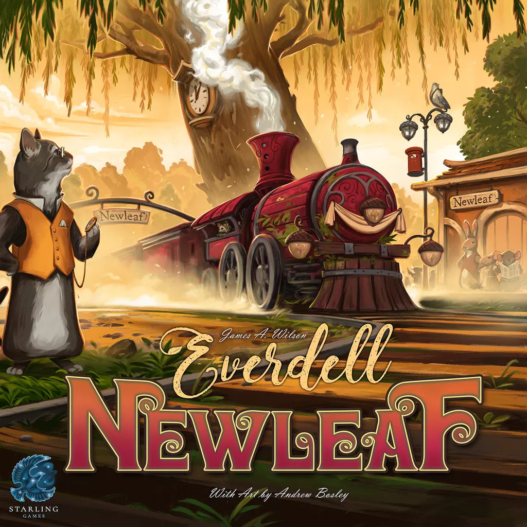 A whimsical train pulls into the Everdell: Newleaf Expansion’s forest station, welcomed by a cat conductor. Vibrant and magical details, like a tree clock, decorate the scene. “Everdell: Newleaf” and Game Salute brand are displayed below.