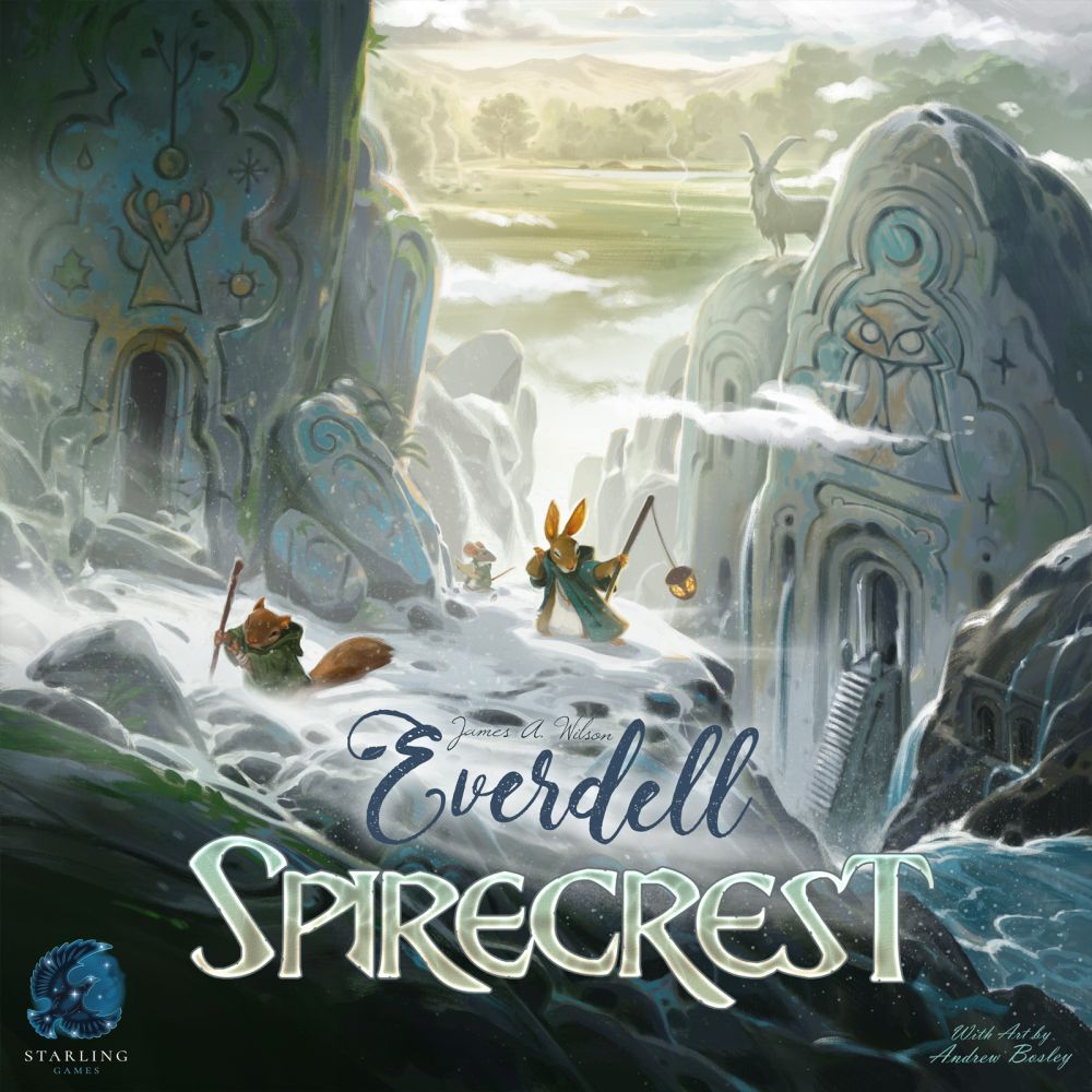 Cloaked animals journey across snowy mountains toward glowing stone gates and a deer statue, discovering mystical symbols—a glimpse of adventures in Game Salute's Everdell: Spirecrest Expansion.