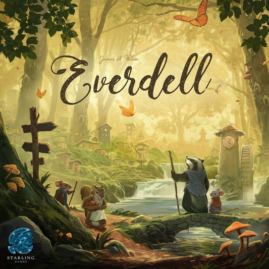 A whimsical forest scene from Everdell by Starling Games features animal characters near a stream and woodland homes—a charming tableau-building setting with glowing light, butterflies, and towering trees.