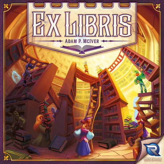 A colorful illustration for Ex Libris by Renegade Game Studios shows a magical library with towering bookshelves, wizards, and fantastical characters exploring under a glowing skylight in this whimsical library building game.