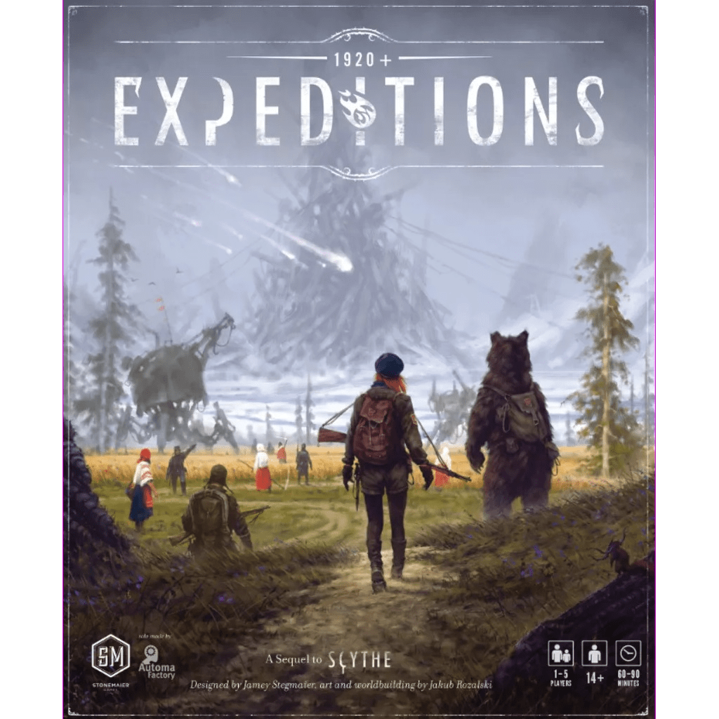 In Expeditions by Stonemaier Games, explorers with backpacks and rifles trek across grassy fields with companions, venturing toward distant mechanical structures as giant machines and misty forested mountains tower in the background.