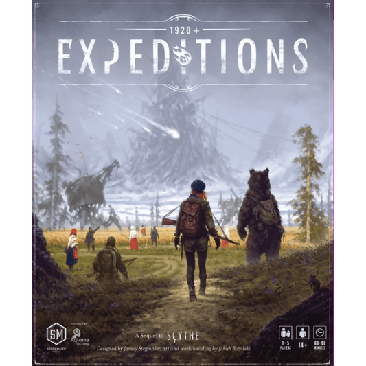 In Expeditions by Stonemaier Games, explorers with backpacks and rifles trek across grassy fields with companions, venturing toward distant mechanical structures as giant machines and misty forested mountains tower in the background.
