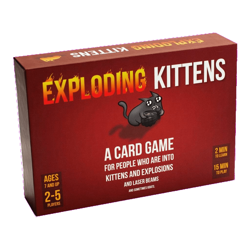 A red box of Exploding Kittens by Exploding Kittens, a party board game for 2-5 players (ages 7+), easy to learn in 2 minutes and plays in just 15 minutes. The cover shows a cartoon cat with a bomb.