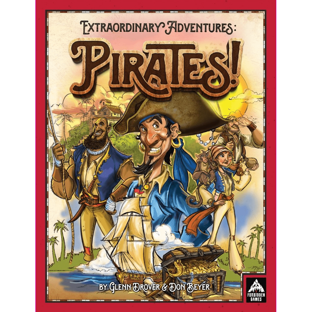 The cover features lively pirates with swords, treasure, and palm trees. "Extraordinary Adventure: Pirates! Premium Edition" by Forbidden Games sets a Caribbean adventure on a tropical island with ships sailing in the background.