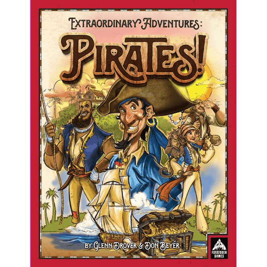 The cover features lively pirates with swords, treasure, and palm trees. "Extraordinary Adventure: Pirates! Premium Edition" by Forbidden Games sets a Caribbean adventure on a tropical island with ships sailing in the background.