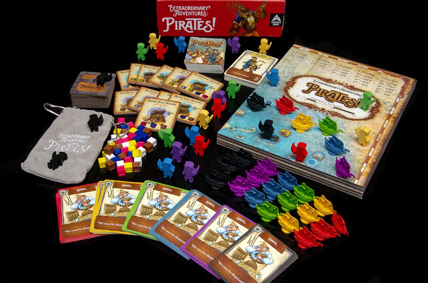 Forbidden Games' "Extraordinary Adventure: Pirates! Premium Edition" is displayed with vibrant pieces, cards, rulebook, map board, tokens, cloth bag, and box—welcoming players to an exciting Caribbean quest.