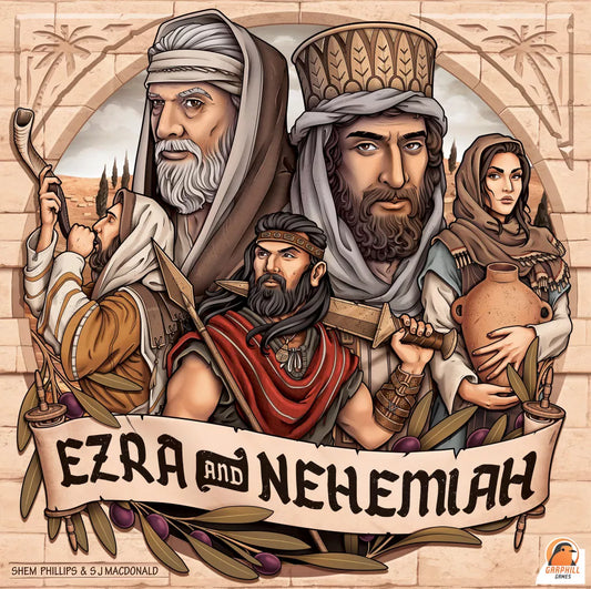 Illustration for Garphill Games’ Ezra and Nehemiah shows two men with head coverings (one blowing a shofar, one with a scroll), a woman carrying a jar, and olive branches. Banner reads “Ezra and Nehemiah.”.