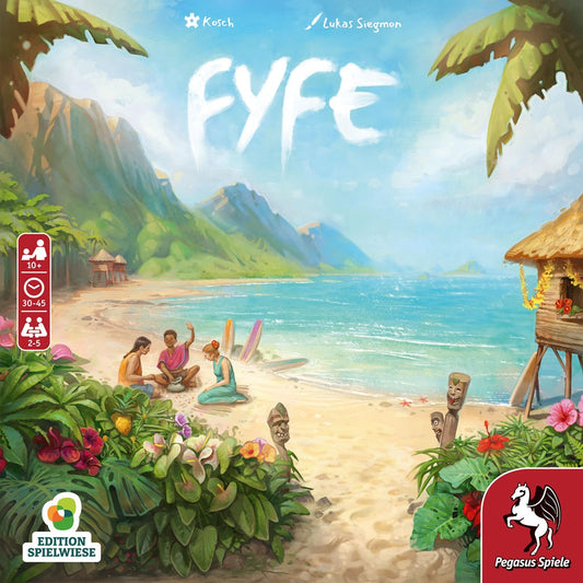 The FYFE game cover from Pegasus Spiele features three people on a tropical beach with surfboards, tiki statues, a thatched hut, palm trees, and mountains. Publisher logos and scoring boards are displayed in the corners.