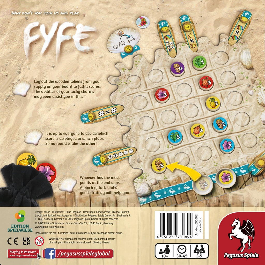 A vibrant FYFE box by Pegasus Spiele shows a grid play area with round tokens, scoring markers, game parts, and tropical beach art. Scoring boards, game info, and logos appear at the bottom.