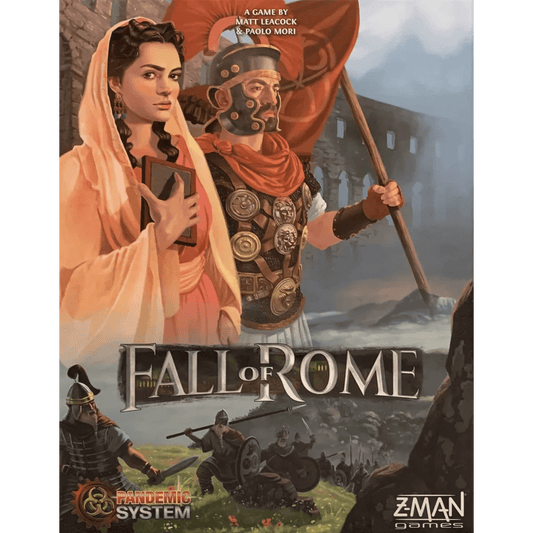 The cover of Pandemic: Fall of Rome by Z-Man Games features a Roman soldier in armor and a woman in ancient dress, set against the backdrop of ruins and soldiers beneath cloudy skies during the Roman Empire.