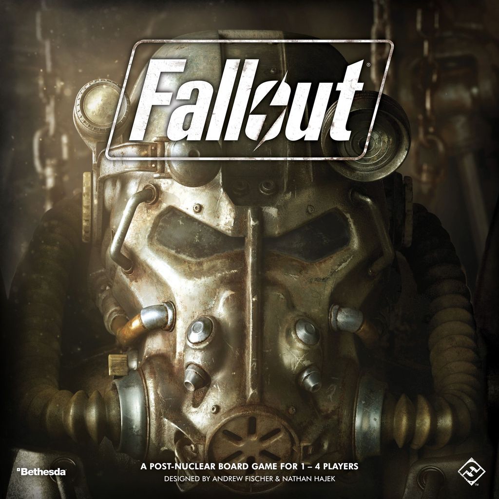 Close-up of a metallic helmet with tubes and goggles, dramatically lit. The Fallout logo is above, with text below stating this Fantasy Flight Games board game is a post-nuclear adventure for 1–4 players.
