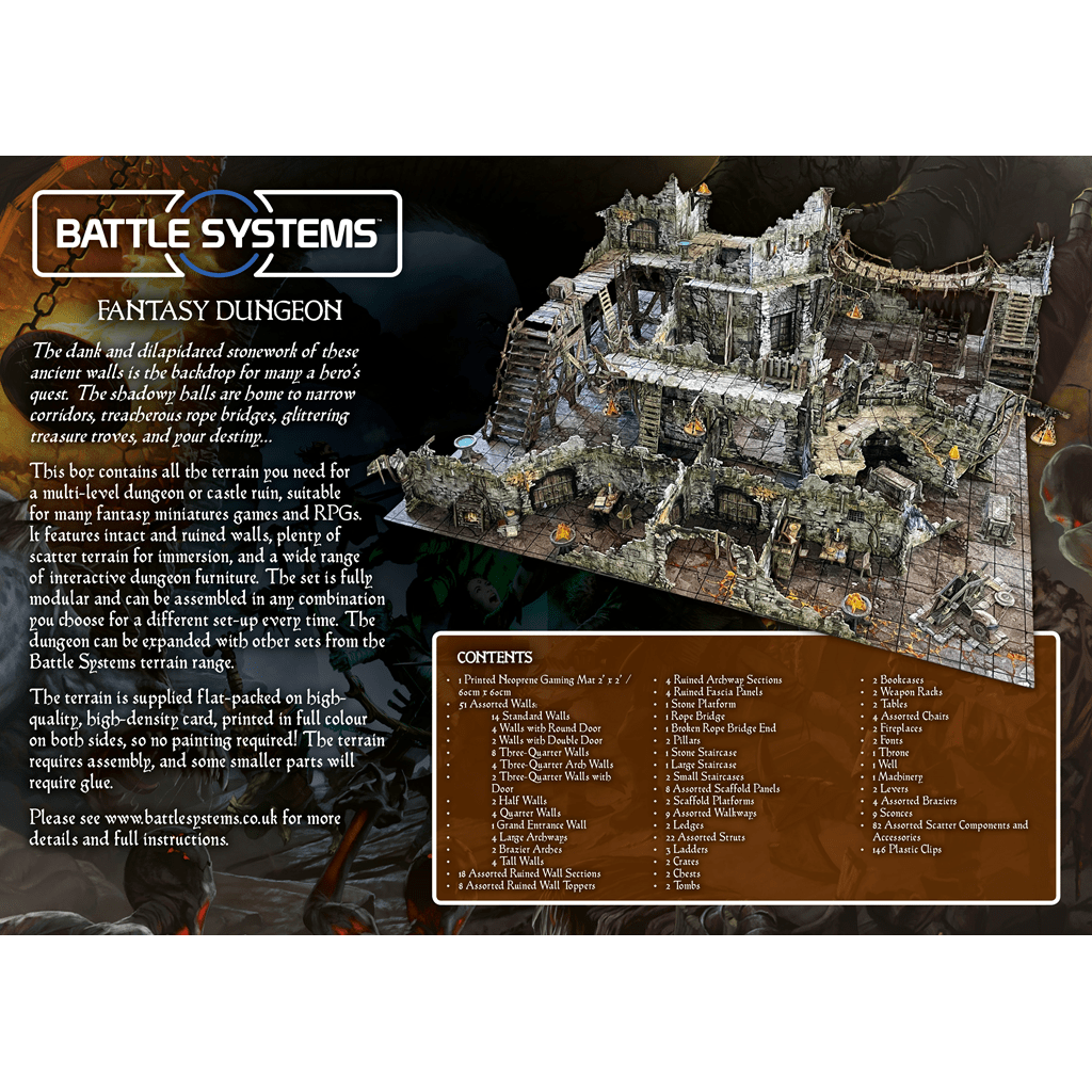 A detailed promo image of Battle Systems Ltd's Fantasy Dungeon set, showing a 3D ruined stone dungeon diorama with a contents list of included RPG miniatures terrain for tabletop games.