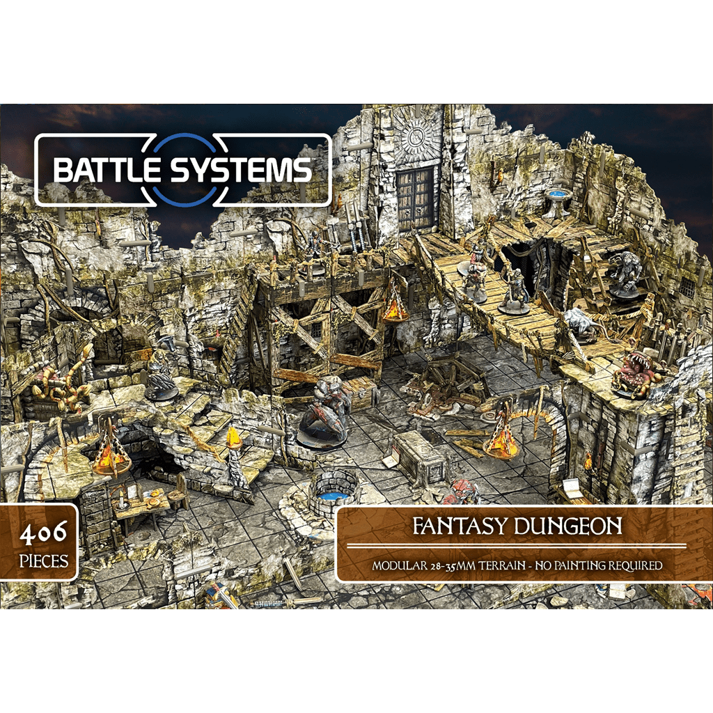 Box cover for Battle Systems Ltd’s Fantasy Dungeon, a modular RPG miniatures terrain set featuring stone walls, wooden walkways, barrels, tables, adventuring gear, and 406 detailed pieces.