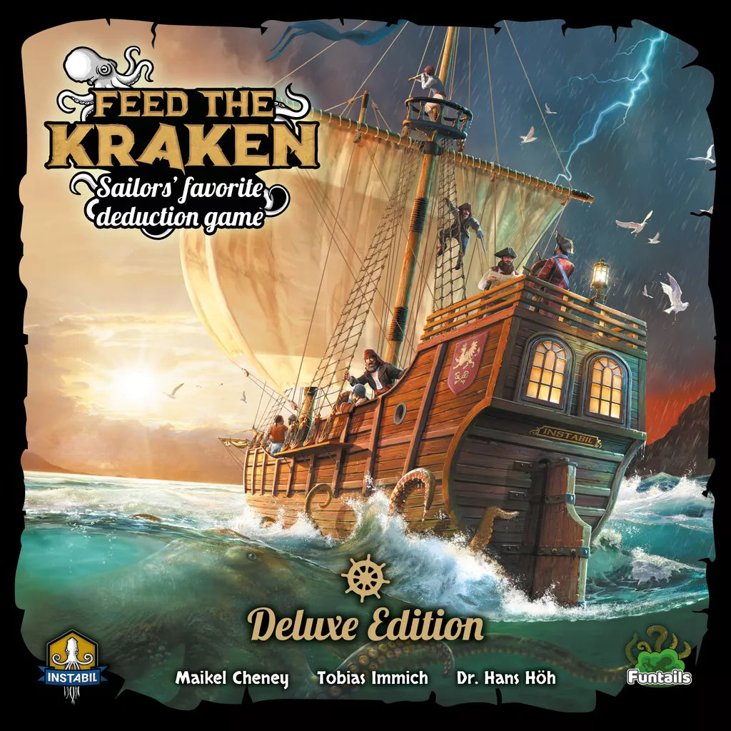 A large wooden ship braves stormy seas while the vigilant crew faces danger. Above and below, "Feed the Kraken Deluxe Edition EN/DE" by Funtails and hidden role deduction game are displayed.