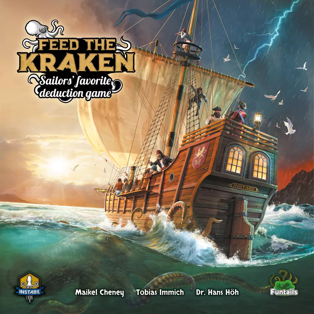 A wooden sailing ship with armored sailors battles waves and lightning beneath a stormy sky as a giant kraken tentacle appears. Text: “Feed the Kraken EN/DE by Funtails – The hidden role deduction game of asymmetric factions.”.