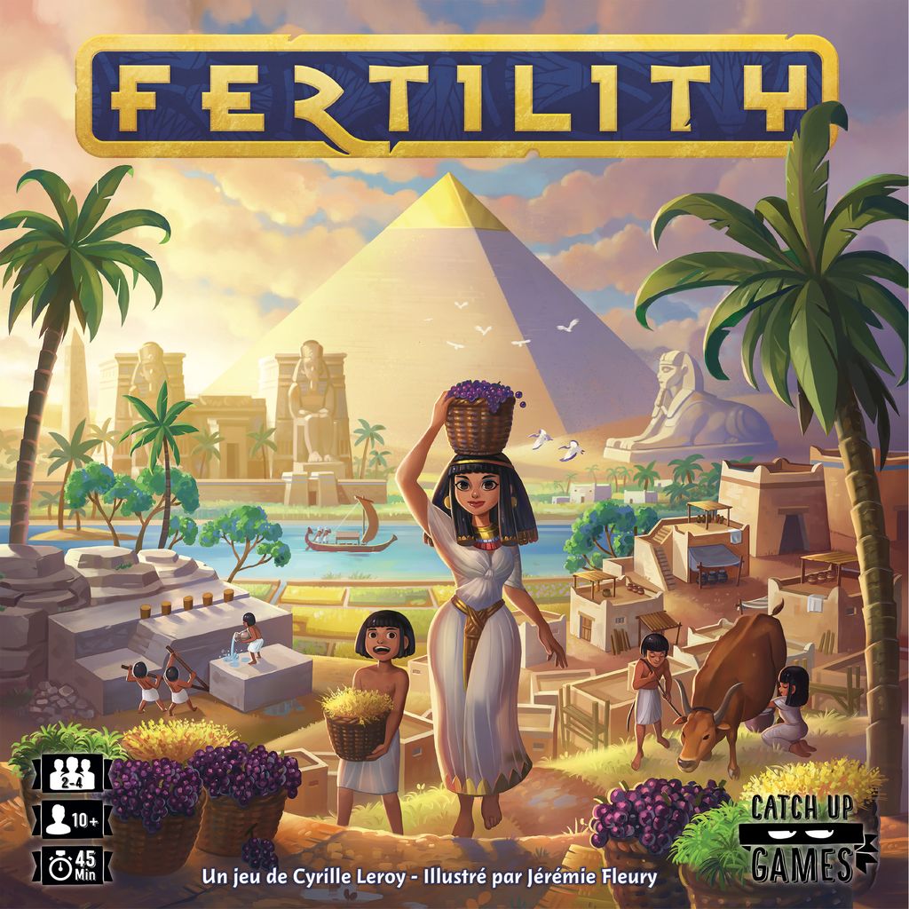 The cover of Fertility EN/FR by Catch Up Games depicts an ancient Egypt scene in the Nile Valley, with pyramids, palm trees, and a river. A woman carries grapes on her head amid children and busy villagers.