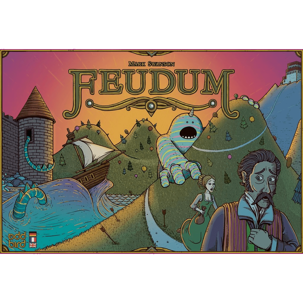 Vibrant board game cover for Feudum by Odd Bird Games, a medieval hand and resource management game, displaying hills, a giant monster, a ship on a huge wave, a castle, and three characters against a sunset backdrop.