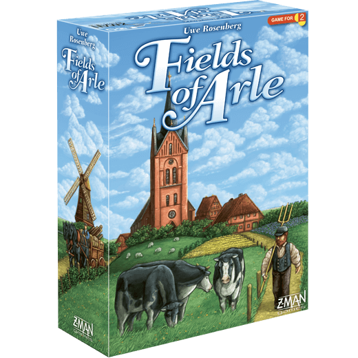 The box cover of Fields of Arle by Z-Man Games features cows, a man with a pitchfork, a windmill, a red brick church, and farm buildings beneath a blue sky with clouds.
