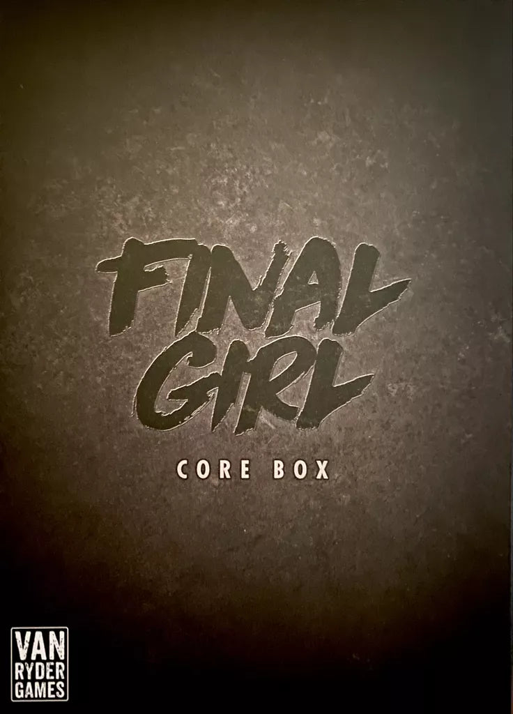 The image shows the cover of Final Girl, a tense solo horror board game by Van Ryder Games, featuring bold stylized text on a dark background and the Van Ryder Games logo in the lower left corner.