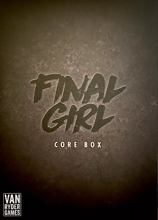 The image shows the cover of Final Girl, a tense solo horror board game by Van Ryder Games, featuring bold stylized text on a dark background and the Van Ryder Games logo in the lower left corner.