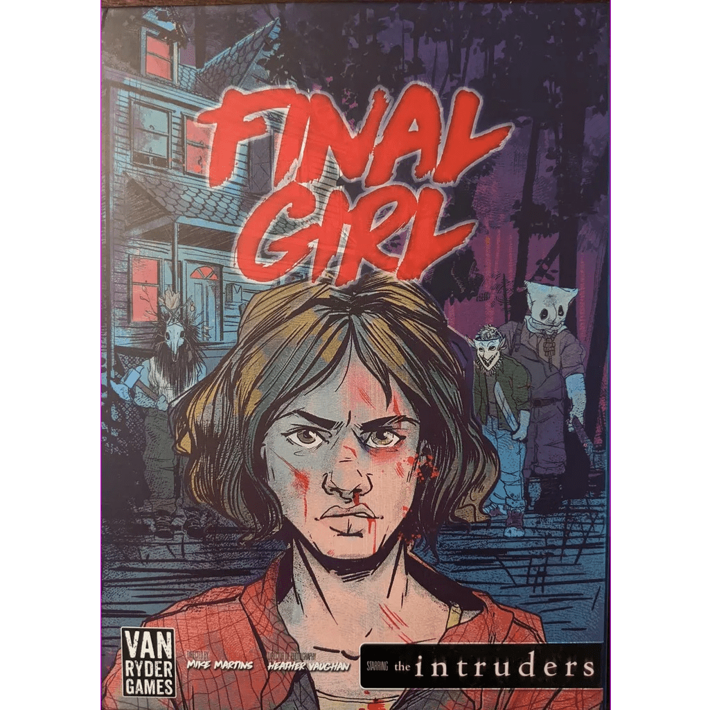 A comic-style illustration shows a determined, bloodied woman confronting masked intruders near a spooky house in a chilling home invasion scene. "Final Girl: A Knock at the Door Expansion" appears boldly above, with the Van Ryder Games logo below.