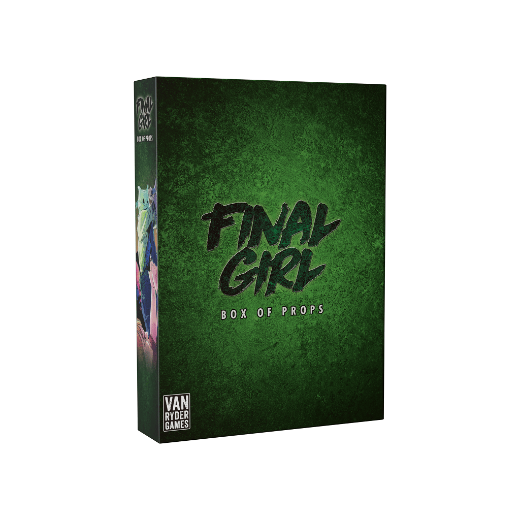 A textured green box displays "Final Girl: Box of Props Expansion" in bold. This horror board game expansion by Van Ryder Games features the brand's logo in the bottom left corner.