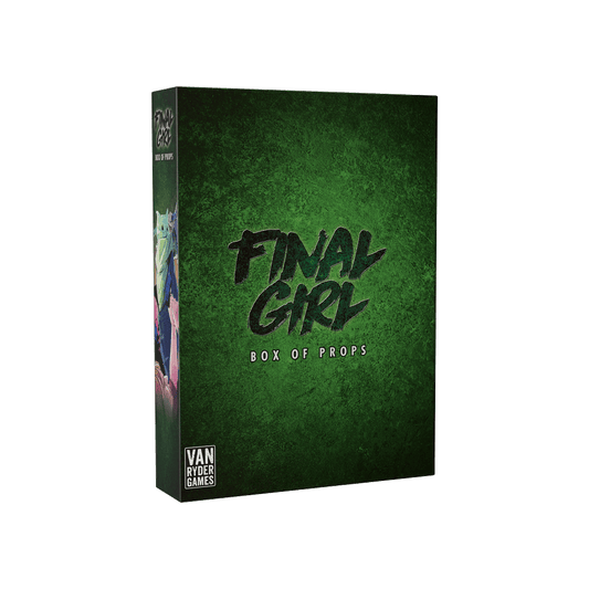 A textured green box displays "Final Girl: Box of Props Expansion" in bold. This horror board game expansion by Van Ryder Games features the brand's logo in the bottom left corner.