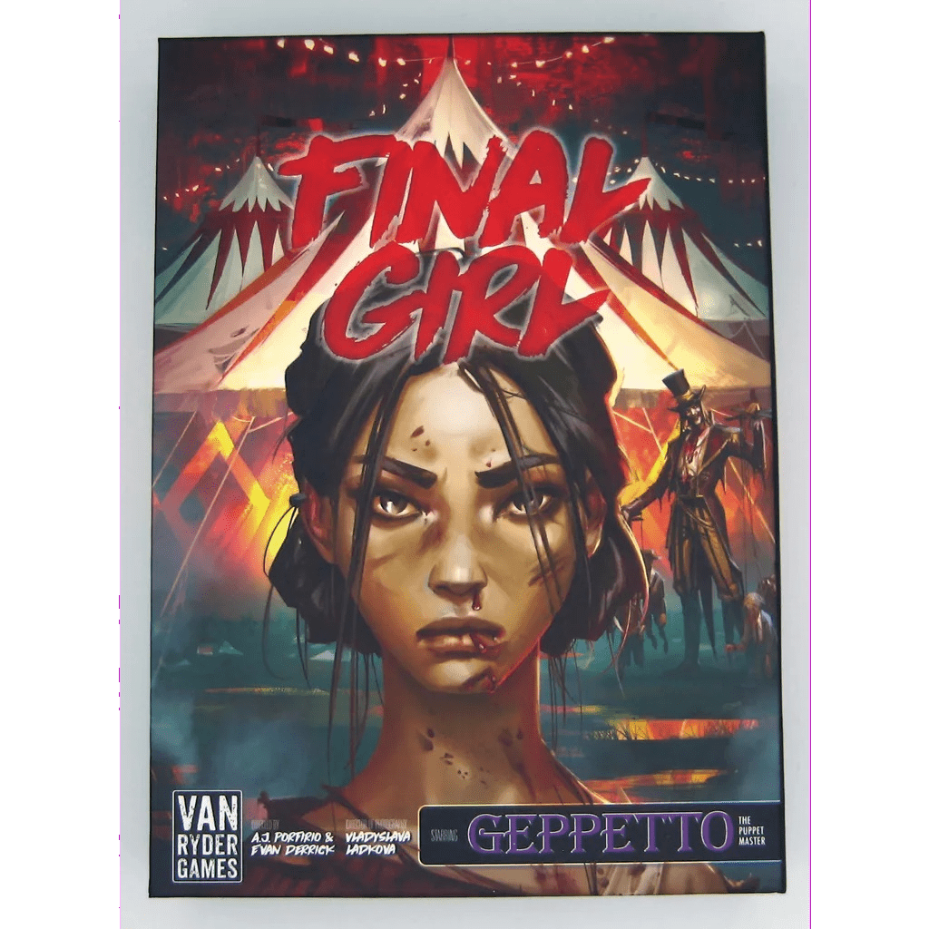 Box cover of Van Ryder Games' Final Girl: Carnage at the Carnival Expansion shows a determined woman with blood on her face, a circus tent, and a sinister top-hatted figure. "Final Girl" appears in bold red, highlighting killer location combos.