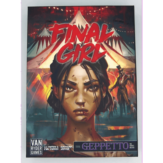 Box cover of Van Ryder Games' Final Girl: Carnage at the Carnival Expansion shows a determined woman with blood on her face, a circus tent, and a sinister top-hatted figure. "Final Girl" appears in bold red, highlighting killer location combos.