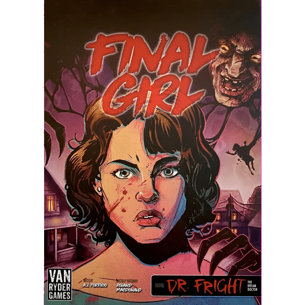 The Final Girl: Frightmare on Maple Lane Expansion by Van Ryder Games features a cover with a terrified woman, bloodied face, shadowy hands closing in, and Dr. Fright’s monstrous visage looming above a darkened house.