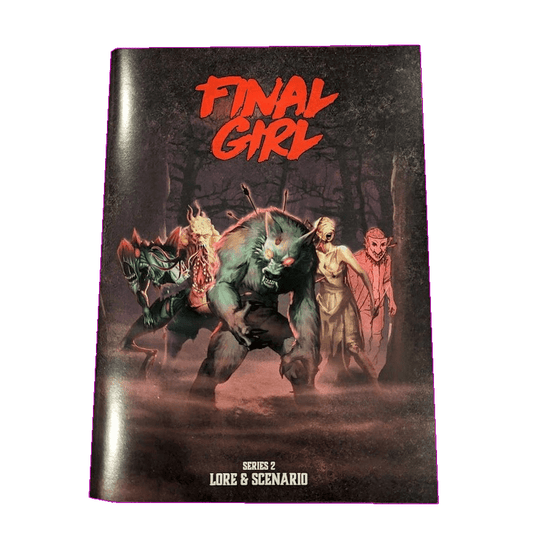 Van Ryder Games' Final Girl: Lore & Scenario Book Expansion – Series 2 features scenarios set in a foreboding forest with four terrifying foes. "Series 2 Lore & Scenario" appears in white, heralding this chilling Final Girl expansion.