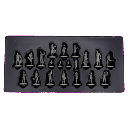 A black tray from Van Ryder Games' Final Girl: Series 1 Miniatures holds 20 small gray human-shaped plastic figures in various poses, each arranged in its own slot.