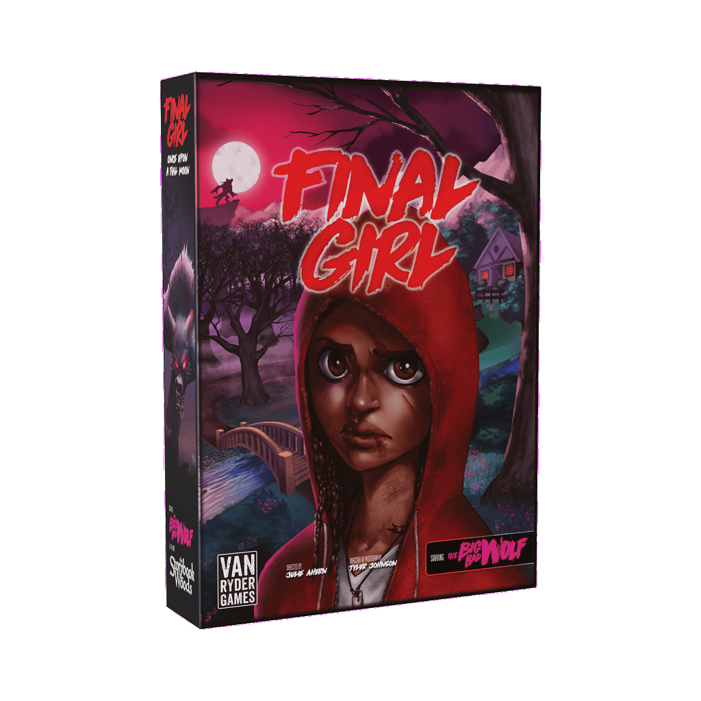 Box cover of Van Ryder Games’ Final Girl: Once Upon a Full Moon Expansion, showing a serious young woman in a red hooded cloak before a moonlit house and woods. The bold red title “Final Girl” appears at the top.