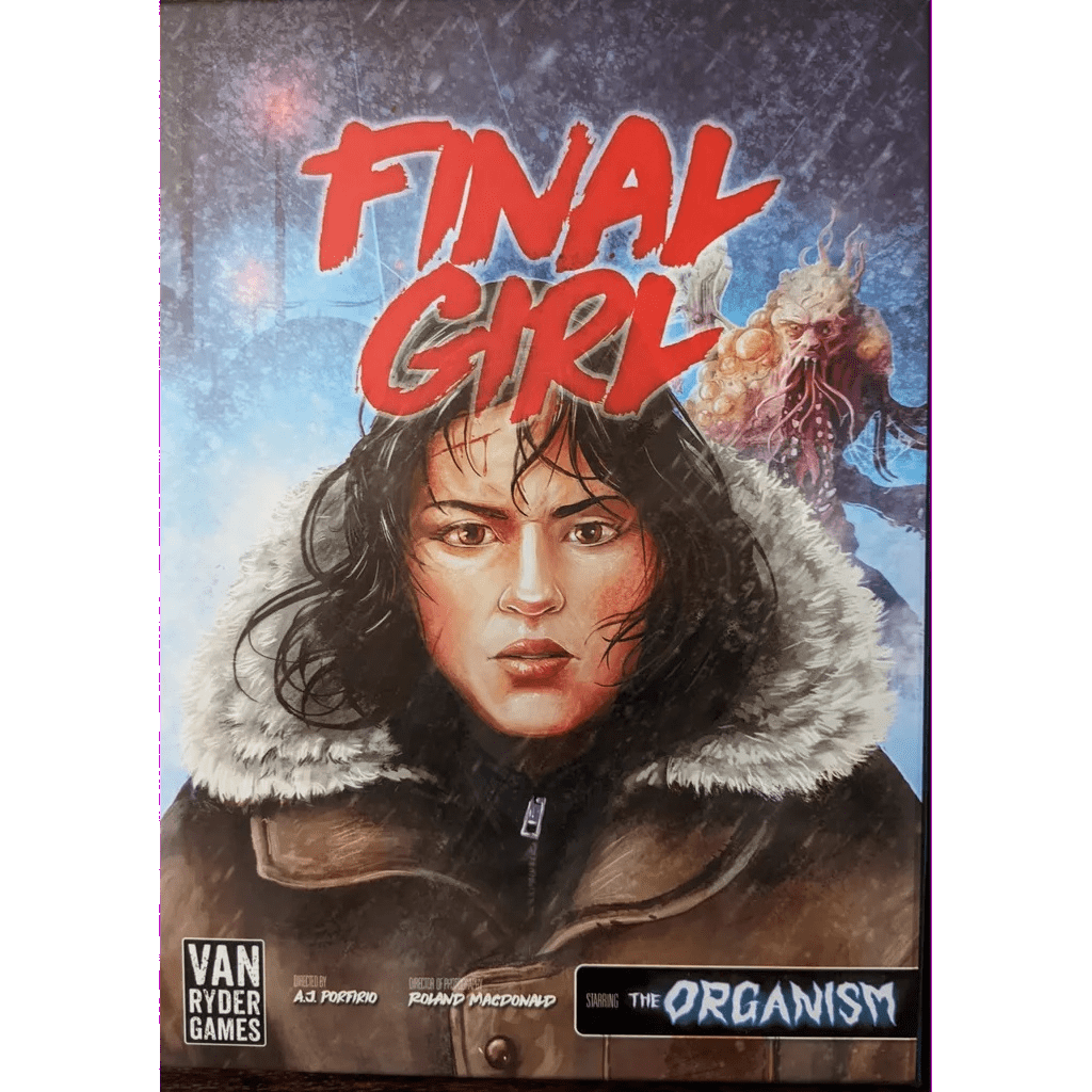 The cover of Van Ryder Games’ Final Girl: Panic at Station 2891 Expansion shows a woman in a fur-lined coat at an arctic station, the red title “Final Girl” above her, and The Organism looming behind. Text at the bottom reads: The Organism.