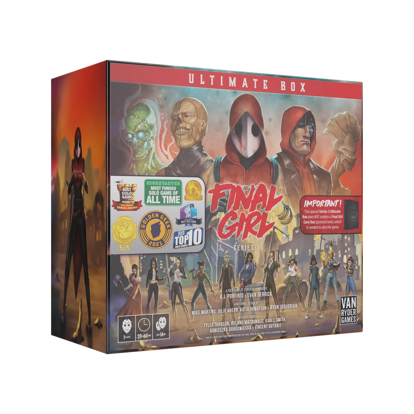 The Final Girl: S3 Ultimate Box by Van Ryder Games is a 3D horror-themed board game storage box, featuring masked villains and heroines on the front, designed for Series 3 Feature Films miniatures.