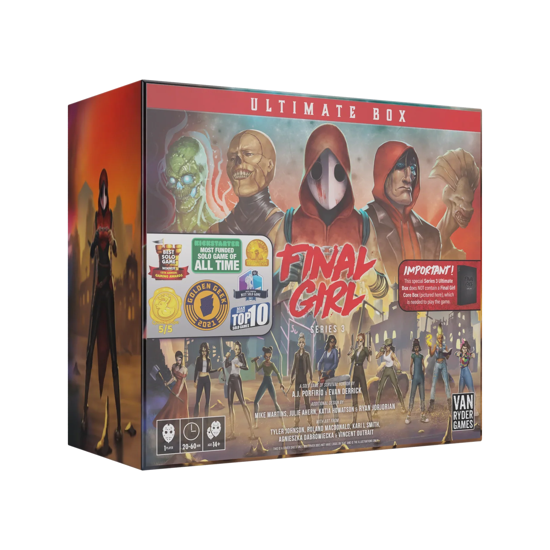 The Final Girl: S3 Ultimate Box by Van Ryder Games is a 3D horror-themed board game storage box, featuring masked villains and heroines on the front, designed for Series 3 Feature Films miniatures.
