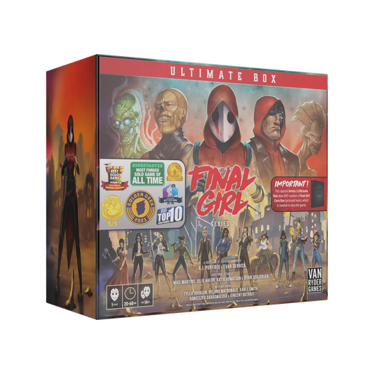 The Final Girl: S3 Ultimate Box by Van Ryder Games is a 3D horror-themed board game storage box, featuring masked villains and heroines on the front, designed for Series 3 Feature Films miniatures.