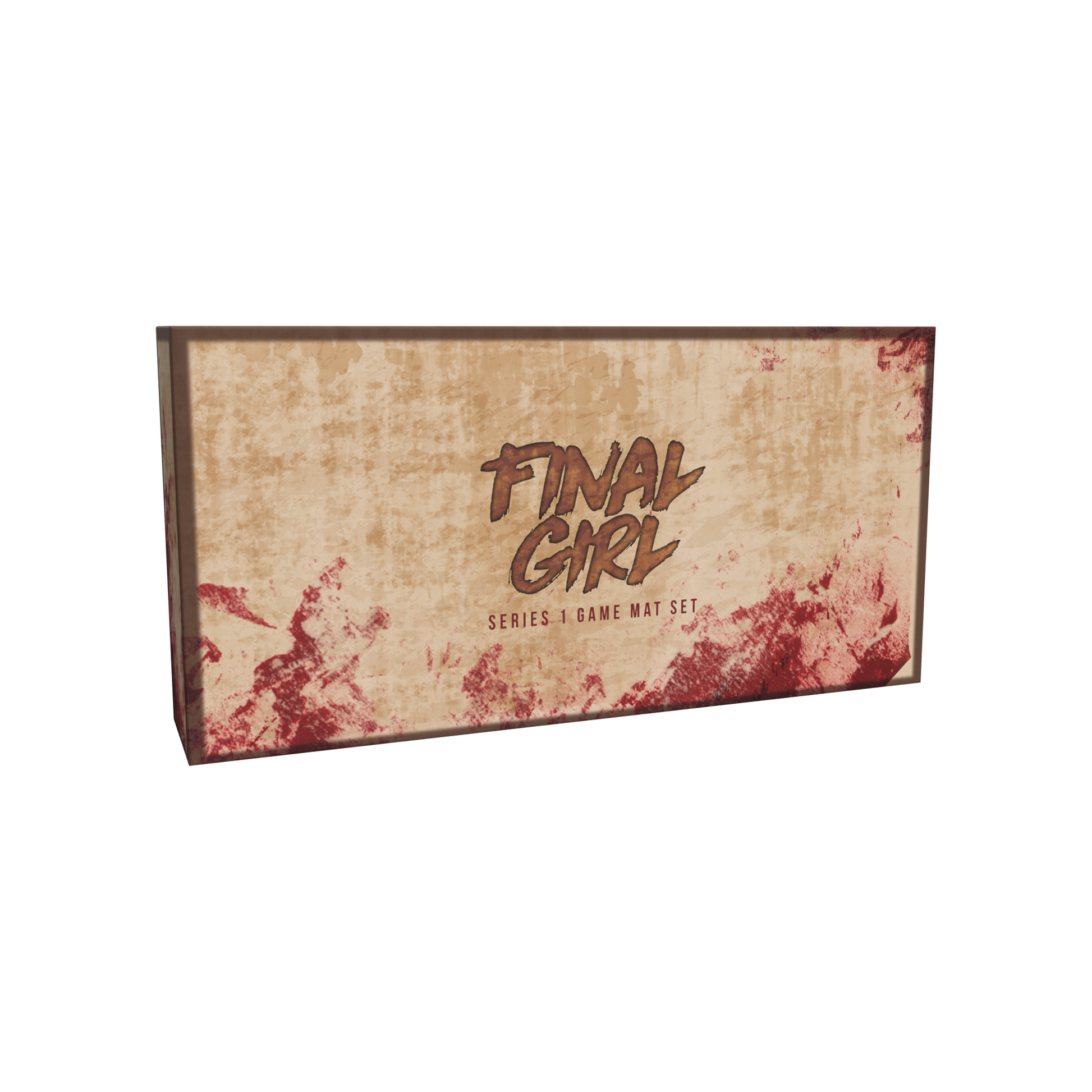The Final Girl: Series 1 Game Mat Set by Van Ryder Games comes in a rectangular box with a distressed beige and red blood splatter design, ideal for enhancing your Feature Films gaming sessions.