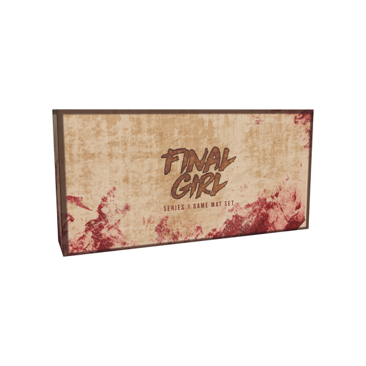 The Final Girl: Series 1 Game Mat Set by Van Ryder Games comes in a rectangular box with a distressed beige and red blood splatter design, ideal for enhancing your Feature Films gaming sessions.
