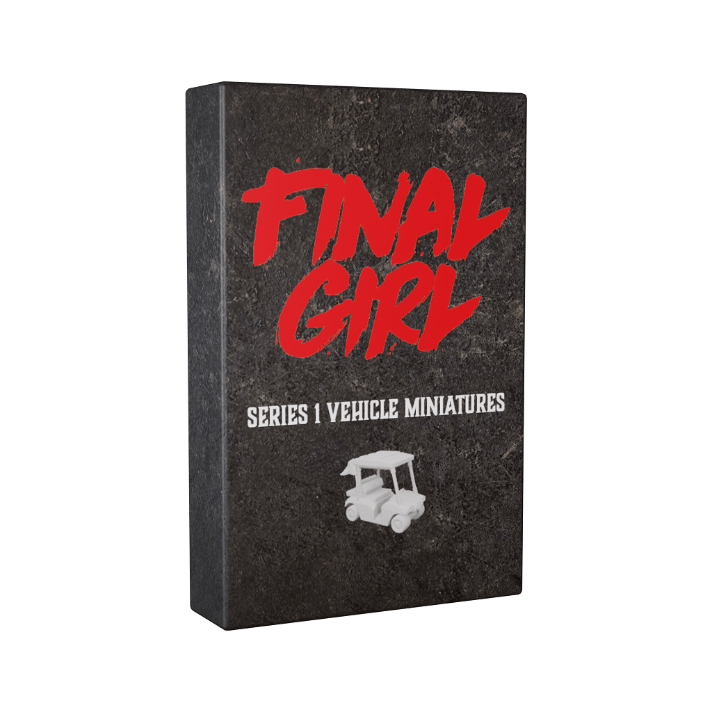 A dark, rectangular box from Van Ryder Games features bold red "Final Girl" and white "Series 1 Vehicle Miniatures" text, with an image of a Series 1 vehicle miniature from the hit Feature Films collection.