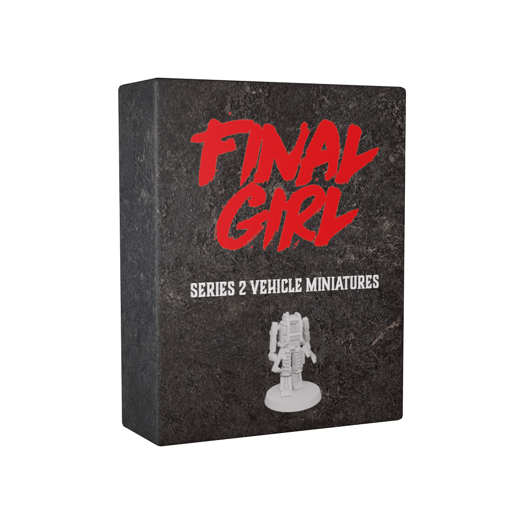 A dark stone-textured box from Van Ryder Games features bold red "FINAL GIRL" and white "Series 2 Vehicle Miniatures" text, with a small unpainted miniature inspired by thrilling feature films displayed at the bottom.