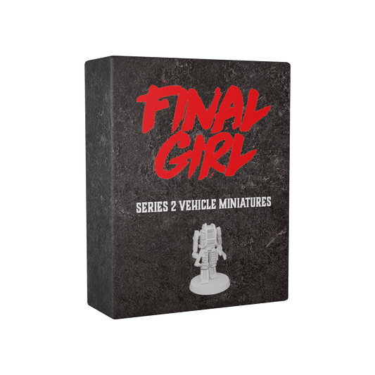 A dark stone-textured box from Van Ryder Games features bold red "FINAL GIRL" and white "Series 2 Vehicle Miniatures" text, with a small unpainted miniature inspired by thrilling feature films displayed at the bottom.