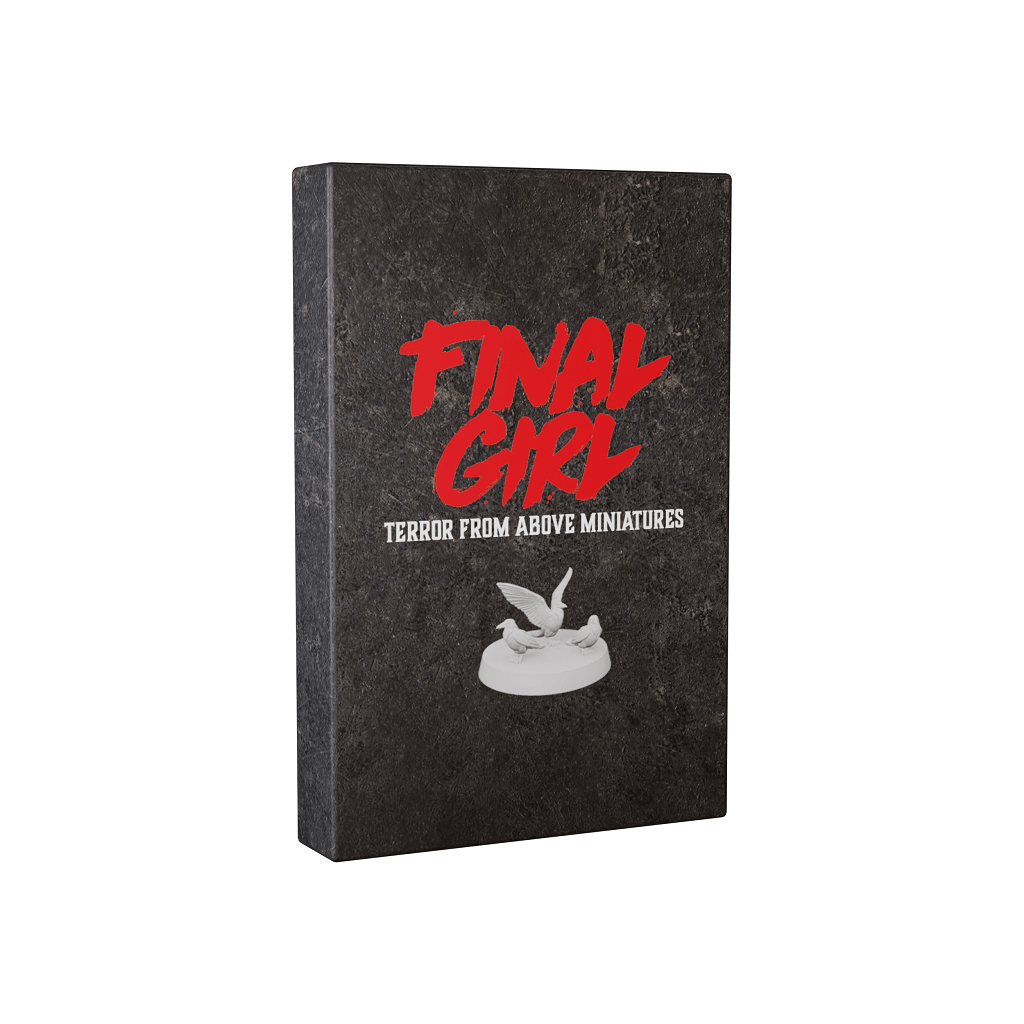 A black box labeled "Final Girl: Terror From Above Miniatures" by Van Ryder Games shows bold red lettering, bird miniatures, and a white bird figure attacking a person on the cover.