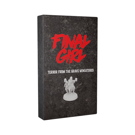 A stone-textured box from Van Ryder Games displays bold red "Final Girl" and white "Terror From The Grave Miniatures" text, with an image of a small white figurine at the bottom.