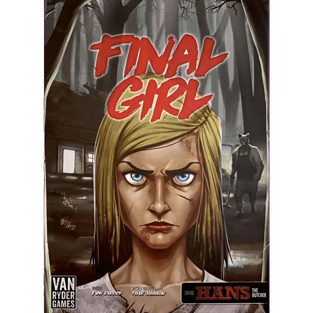 Poster for Van Ryder Games’ Final Girl: The Happy Trails Horror Expansion, showing a scarred blonde woman before a cabin and dark forest, while a masked axe-wielder lurks ominously in the background.