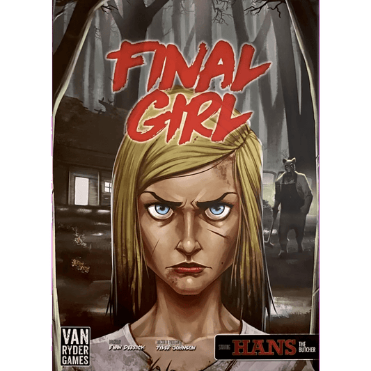 Poster for Van Ryder Games’ Final Girl: The Happy Trails Horror Expansion, showing a scarred blonde woman before a cabin and dark forest, while a masked axe-wielder lurks ominously in the background.